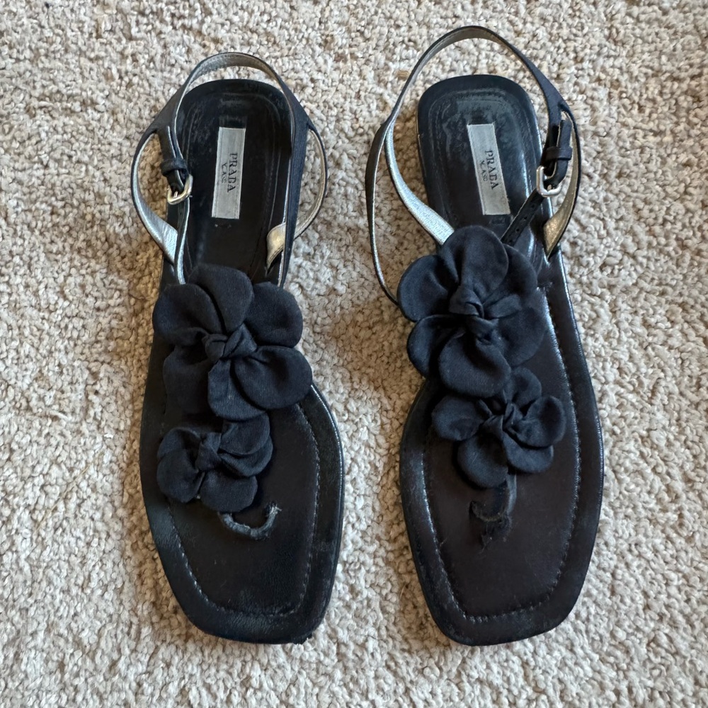 Prada Black Sandals with Floral Accents